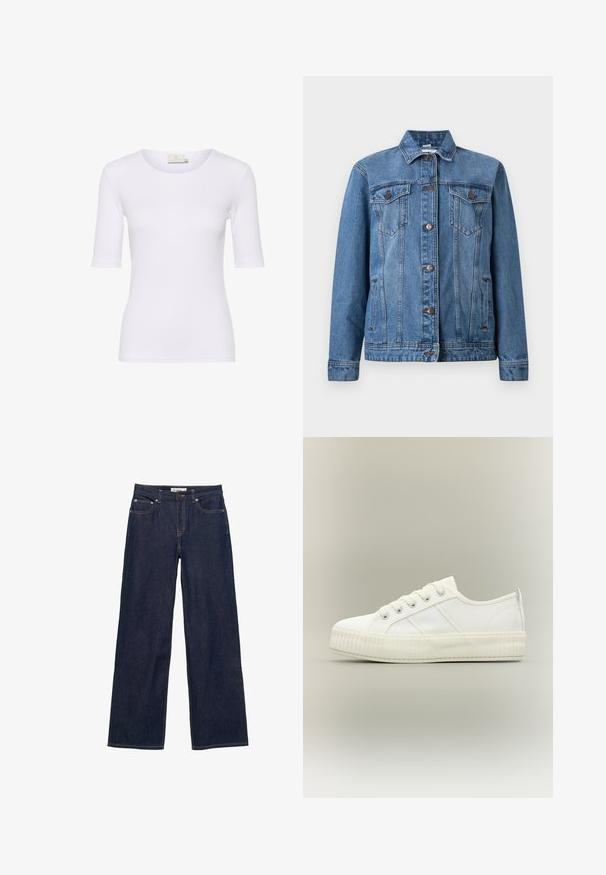 Veste en denim bleu avec boutons sur le devant, deux poches poitrine à rabats, poches latérales et manches longues, présentée sur un fond blanc.; T-shirt blanc ajusté en tissu lisse, avec un col rond et des manches courtes, sans motifs ni accents visibles.; Jean bleu foncé droit avec poches avant, passants pour ceinture, fermeture par boutons et coutures contrastantes visibles.; Baskets basses blanches avec semelle épaisse côtelée, lacets à l'avant et languette à l'arrière sur fond neutre.