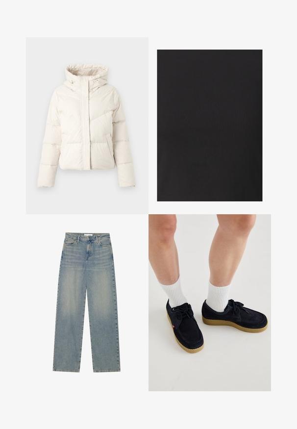 Veste d'hiver blanche rembourrée avec capuche, boutons-pression à l'avant et poches latérales, présentée sur un fond uni.; Haut tank noir à côtes avec un design ajusté, présentant une texture lisse et de fines lignes verticales sur l'ensemble du tissu.; Jean en denim droit taille haute bleu clair avec poches avant, passants de ceinture et fermeture éclair et bouton visibles.; Chaussures en daim bleu marine avec un bout rond, un laçage, et une semelle en caoutchouc couleur crème. Assorties avec des chaussettes blanches à côtes.