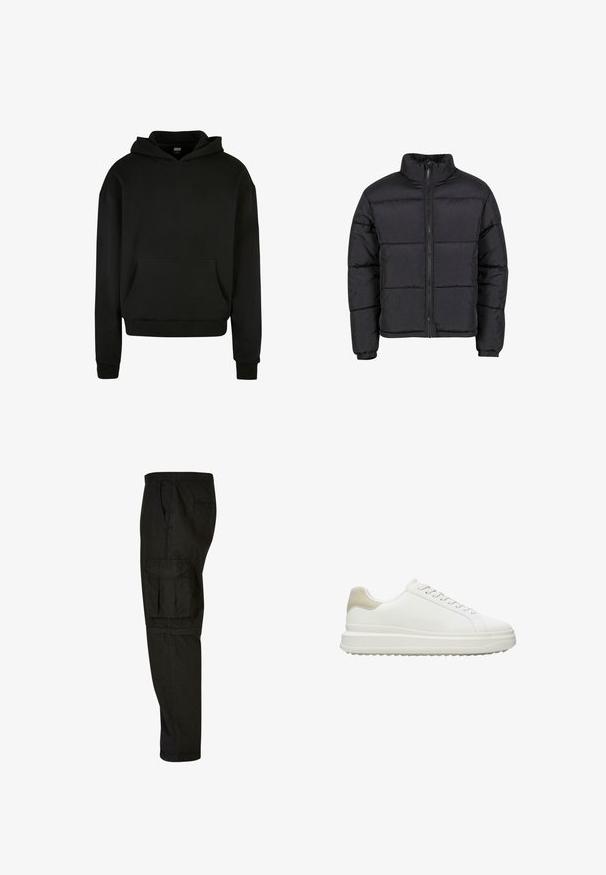 Zwarte donsjas met een hoge kraag, een ritssluiting aan de voorkant, elastische manchetten en een doorgestikt ontwerp met horizontale secties voor isolatie.; Zwarte hoodie gemaakt van zachte stof, met een voorzak, geribde boorden en een ontspannen pasvorm.; Zwarte cargobroek met een relaxte pasvorm, elastische tailleband, zijzakken en een grote cargozak op de dij. Zacht, lichtgewicht stof.; Witte sneakers van glad leer met een gestructureerde beige hielaccent, voorzien van ronde veters, een laag profiel ontwerp en een rubberen buitenzool.