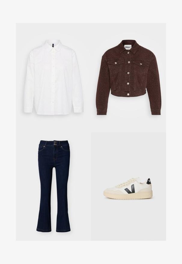 Pruun denim jakk leopardimustriga. Omab kraega kaelust, lühendatud disaini, eespoolt taskuid, nupuga kinnitamist ja hõbedaseid tarvikute aktsente.; Valge nööpidega särk, millel on punktmuster sinise, roosa ja rohelise värviga. Klassikaline krae, pikad varrukad ja sirge äär.; Tume sinised denimist laiade säärega teksapüksid, millel on kahe nööbiga vöö sulgemine ja esimesed taskud, esitletud heledal ühevärvilisel taustal.; Kreemi valge tennis toss, mille beez tald, must "V" logo küljel, paelad ja must kanditab, millel on valged tähed.