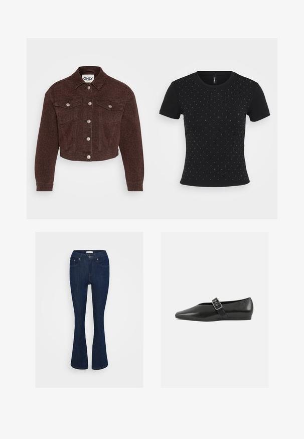 Brun denimjakke med leopardmønster. Har krave, cropped design, forlommer, knaplukning og sølv hardware detaljer.; Sort kortærmet T-shirt lavet af ribbet stof med spredte rhinsten accenter på forsiden for ekstra detaljer.; Mørkeblå denim flared jeans med et klassisk fem-lomme design, metal knaplukning og syninger på lommerne.; Sorte læder flade sko med spidse tæer, prydet med en metallisk spænde over vristen og en lav, fleksibel sål.