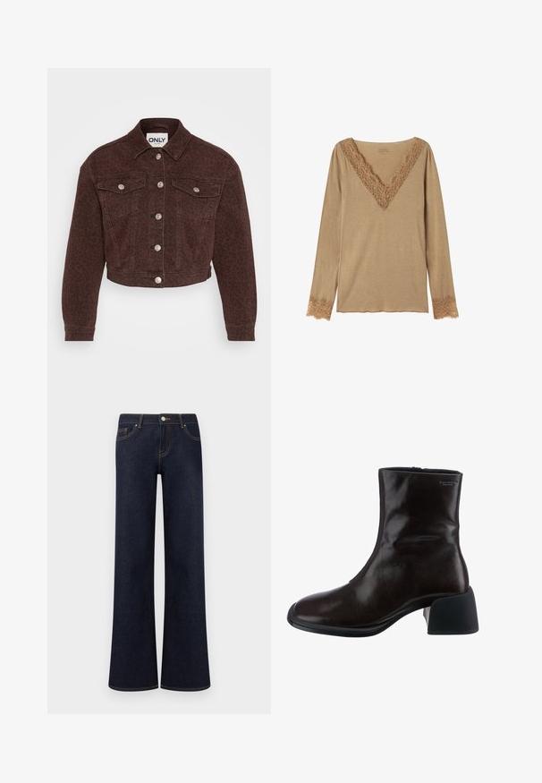 Brun denimjakke med leopardmønster. Har krave, cropped design, forlommer, knaplukning og sølv hardware detaljer.; Beige langærmet top med dyb V-udskæring og blondekant langs halsudskæring og ærmekanter, blødt stof, afslappet pasform.; Mørkeblå vidde denimjeans med forlommer, knap- og lynlåslukning samt synlige kontrastsyninger.; Vagabond ANSIE - Støvletter - braun