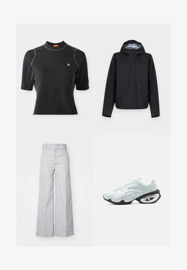 Must veekindel jope kapuutsiga, esikäepide kaetud klapiga, pikad varrukad kinnitatavate mansetidega ja helehall sisuvooder.; Mustamoodne lühikeste varrukatega topp kõrge kaelusega, ribakujuline tekstuur, halli tikandi aktsendid ja väike valge kolmnurga logo rinnal.; Heledad hallhallid puuvillasegusest materjalist püksid, millel on kõrge vöökoht, struktureeritud vööling ja nähtavad õmblused.; Valged ja helehallsed Nike tossud tekstuurse pealsega, musta tallaga ja nähtava õhupadjaga kontsas, külgvaates.