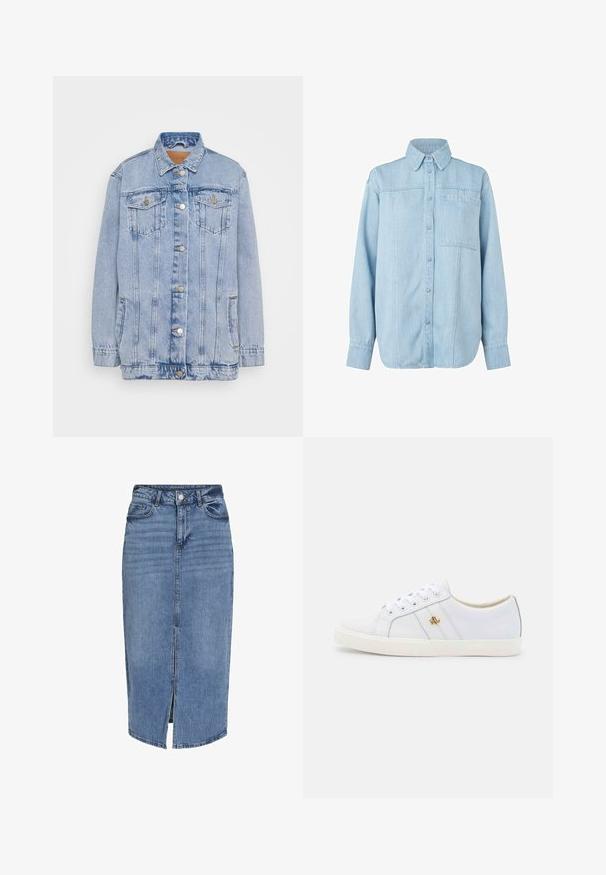 Hele sinine denim jakk, millel on nööpidega eesmine osa, kaks rinna taskut ja peen kulumine. Omab klassikalist kraed ja lõdva voolu.; Hele sinine denim särk pikkade varrukatega, nööpidega ees, terava kraega, ühe rinna taskuga ja peente vertikaalsete õmblusdetailidega.; Heledsinine denim midi seelik, millel on ees lõhik, viis taskut, püksivööloop ning nööpidega kinnitamine vööl. Klassikaline lõige ja tekstuur.; Lauren Ralph Lauren JANSON II ACTION LEATHER SNEAKER - Tossud - real white