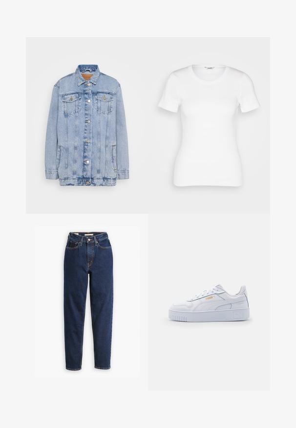 Lyseblå denimjakke med knaplukning foran, to brystlommer og subtilt slid. Har en klassisk krave og en afslappet pasform.; Hvid bomulds T-shirt med korte ærmer, rund halsudskæring og ribbet tekstur. Tætsiddende design med en glat, ren finish.; Mørkeblå denimjeans med høj talje, femlommedesign og lige ben. Kontrastsyninger og knaplukning.; Hvide lædersneakers med en kraftig sål, der har en glat overflade, minimalistisk design, side-striber og en lille logo detalje.