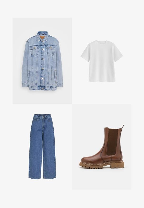 Chaqueta de denim azul claro con cierre de botones en la parte delantera, dos bolsillos en el pecho y un desgaste sutil. Presenta un cuello clásico y un ajuste relajado.; Camiseta blanca lisa de manga corta con cuello redondo, ajuste regular y textura de tela suave sobre un fondo blanco.; Pantalones vaqueros de pernera ancha y cintura alta, fabricados en tejido de mezclilla. Incluye bolsillos frontales y un cierre de botón. Diseño clásico y casual.; Botín de cuero marrón con paneles elásticos y una lengüeta. Presenta una suela de goma gruesa y detalles de costura visibles a lo largo de los bordes.