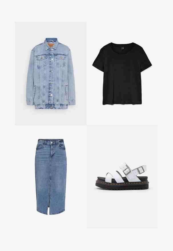 Hellblaues Jeansjackett mit einem Knopfverschluss an der Vorderseite, zwei Brusttaschen und subtiler Ausbleichung. Ausgestattet mit einem klassischen Kragen und einer lockeren Passform.; Schwarzes Kurzarm-T-Shirt aus weichem Stoff. Verfügt über einen klassischen Rundhalsausschnitt und einen lockeren Schnitt mit geradem Saum.; Denim-Midikleid in Hellblau mit einem Schlitz vorne, fünf Taschen, Gürtelschlaufen und einem Knopfverschluss an der Taille. Klassische Passform und Textur.; Weiße Leder-Sandalen mit verstellbaren Schnallenriemen, geschichteter schwarzer Plateausohle und orangefarbener Naht entlang der Kante.