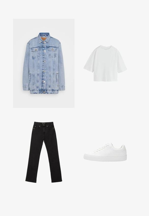 Lyseblå denimjakke med knaplukning foran, to brystlommer og subtilt slid. Har en klassisk krave og en afslappet pasform.; Simpel hvid oversized T-shirt med korte ærmer, rund hals og løs pasform.; Sorte denim jeans med lige ben, fem lommer og diskrete kobbernitter. Lavet af slidstærkt bomuldsstof.; Hvide snørresko med glat læderoverdel, rund tå og flad gummisål. Minimalistisk design med ensfarvet skema.