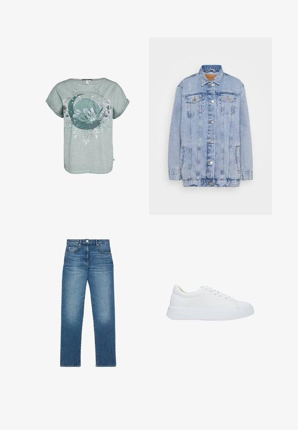 Lichtblauwe spijkerjack met een knoopsluiting aan de voorkant, twee borstzakken en subtiele vervaging. Heeft een klassieke kraag en een ontspannen pasvorm.; Korte mouwen, lichtgroene t-shirt met een bloem- en halve maan grafiek. Zachte textuur met een relaxte pasvorm en omgerolde mouwen.; Blauwe spijkerbroek met rechte pijpen, voorknop en rits, vijfzakkenmodel en subtiele vervaagde details op dijen en knieën.; Witte leren sneakers met een ronde neus, platte veters en een dikke rubberen zool. Gladde textuur met minimale stikseldetails.