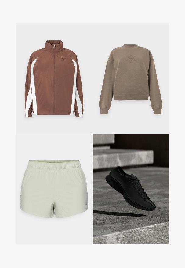 Bruine nylon jas met een hoge kraag, ritssluiting en witte zijpanelen. Heeft een klein logo op de borst en elastische manchetten.; Bruine lange mouwen sweatshirt met geribbelde manchetten en zoom, voorzien van een klein geborduurd schild en tekst centraal op de borst.; Lichtgroene sportshorts van ademend materiaal, met een geperforeerde textuur en elastische tailleband. Logo aan de zijkant gedrukt.; Zwarte sportschoen met een gladde textuur, afgeronde neus en platte zool. Voorzien van een subtiel logo en traditioneel vetersysteem, zwevend boven beton.