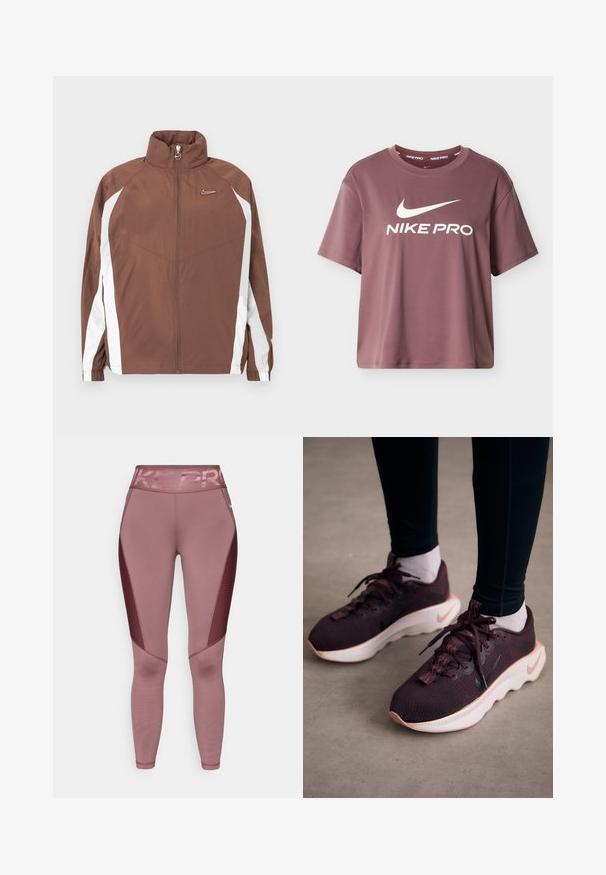Bruine nylon jas met een hoge kraag, ritssluiting en witte zijpanelen. Heeft een klein logo op de borst en elastische manchetten.; Korte mouwen, cropped lavendelkleurig sportshirt met een ronde hals en het witte "NIKE PRO"-logo aan de voorkant. Gladde stoftextuur.; Roze sportlegging met een hoge tailleband met "NIKE PRO" in glanzende letters. De zijpanelen hebben een textuur van mesh ontwerp.; Bordeauxrode sportschoenen met een gewoven bovenwerk, witte zool en zwart Nike-logo. Voorzien van ronde veters en patroonvormige veterlussen.