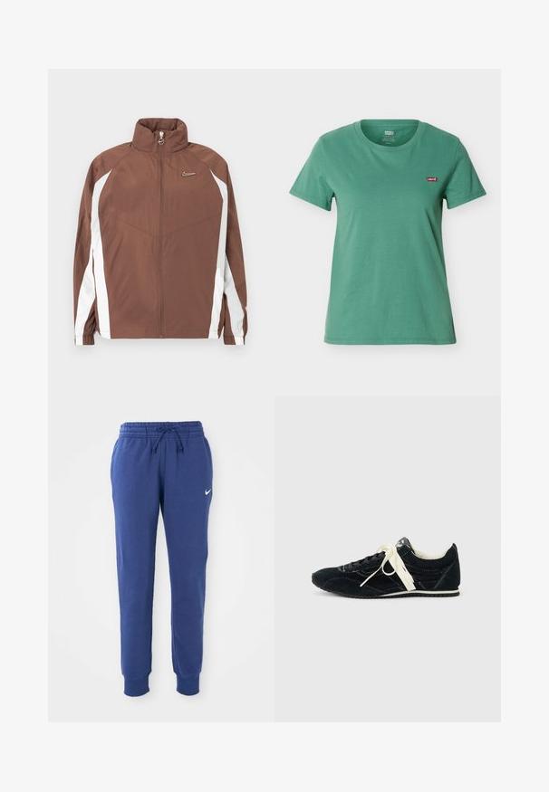 Braune Nylonjacke mit hohem Kragen, Reißverschluss und weißen Seitenpaneelen. Verfügt über ein kleines Logo auf der Brust und elastische Bündchen.; Grünes T-Shirt mit kurzen Ärmeln und Rundhalsausschnitt, mit kleinem rotem Levi’s-Logo-Patch auf der linken Brust.; Blaue Nike-Sweatpants mit elastischem Bund, Kordelzug, Bündchen an den Knöcheln und weißem Nike-Swoosh-Logo am linken Oberschenkel.; Schwarze Wildleder-Sneaker mit weißen Nähten, weißen Seitenstreifen und ungleichen schwarzen und weißen Schnürsenkeln auf einem weißen Hintergrund.