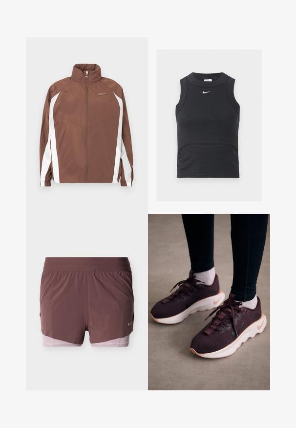 Bruine nylon jas met een hoge kraag, ritssluiting en witte zijpanelen. Heeft een klein logo op de borst en elastische manchetten.; Zwarte mouwloze cropped sporttop met geribbelde textuur en wit Nike swoosh-logo op de borst.; Korte broek in diep mauve met een lichtgewicht ontwerp, voorzien van een brede tailleband en een roze binnenvoering. Heeft een klein logodetail aan de zijkant.; Bordeauxrode sportschoenen met een gewoven bovenwerk, witte zool en zwart Nike-logo. Voorzien van ronde veters en patroonvormige veterlussen.