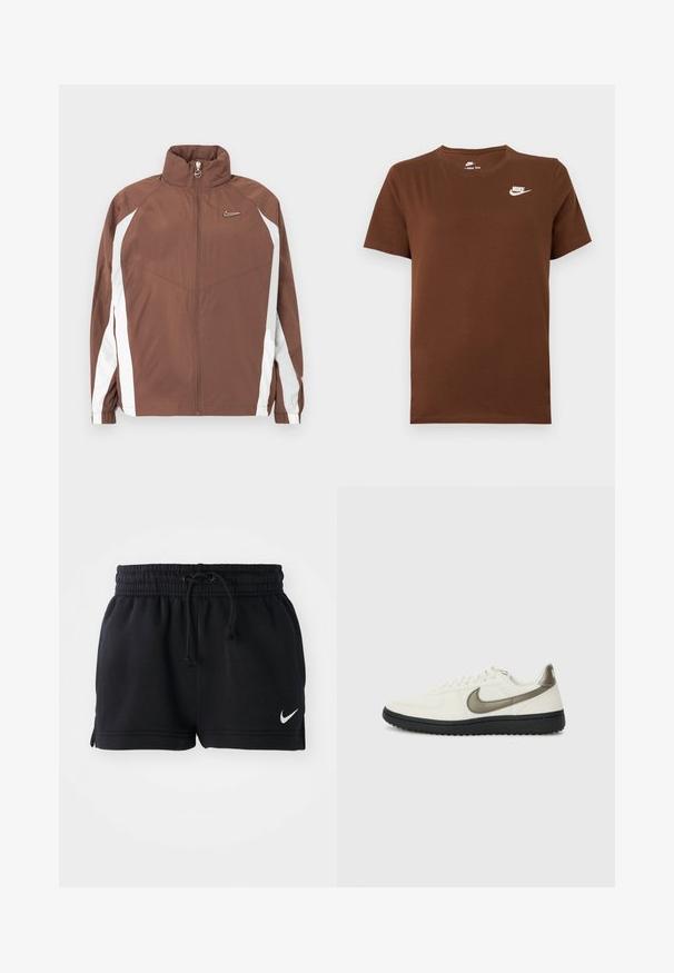 Braune Nylonjacke mit hohem Kragen, Reißverschluss und weißen Seitenpaneelen. Verfügt über ein kleines Logo auf der Brust und elastische Bündchen.; Braunes Nike T-Shirt mit kurzen Ärmeln, weißem Nike-Logo auf der linken Brustseite und Rundhalsausschnitt, dargestellt vor einfachem Hintergrund.; Schwarze Sportshorts aus weichem Material, mit einem elastischen Bund und Kordelzug, Seitenschlitzen und einem kleinen weißen Logo am Saum.; Nike Sportswear FIELD GENERAL - Sneaker low - off-white/black