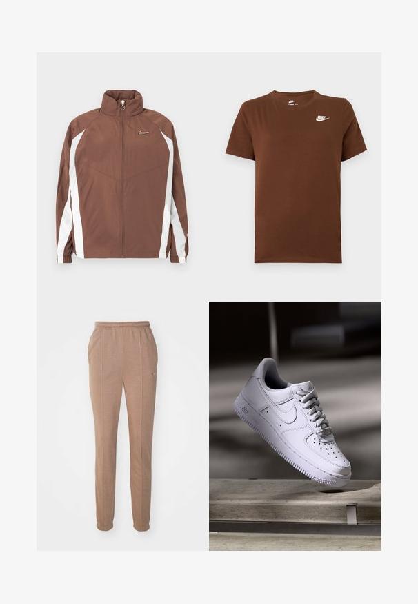 Ruskea nailoninen takki, jossa korkea kaulus, vetoketjusuljenta ja valkoiset sivupaneelit. Takissa on pieni logo rinnassa ja joustavat hihansuut.; Ruskea lyhythihainen Nike T-paita, jossa valkoinen Nike-logo vasemmassa rinnassa ja pyöreä pääntie, esitetty yksinkertaisella taustalla.; Ruskeat urheiluhousut, joissa on joustava vyötärö, sivutaskut, kapenevatlahkeet ja hillitty Nike-logo. Valmistettu pehmeästä, teksturoidusta materiaalista.; Valkoinen Nike Air Force 1 -tossu leijuu betonipinnan yläpuolella varjojen kera minimalistisessa ympäristössä.
