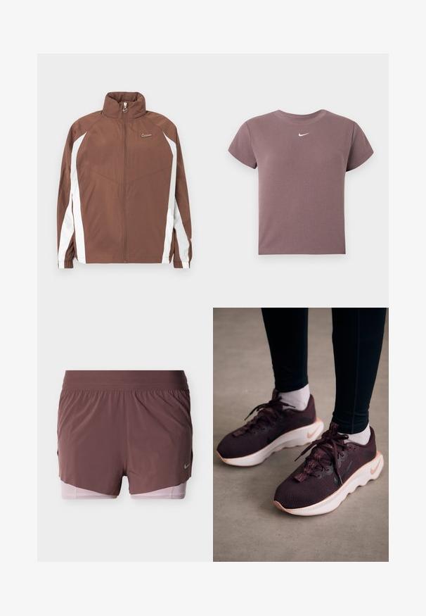 Brun nylonjakke med høj krave, lynlås og hvide sidepaneler. Har et lille logo på brystet og elastiske manchetter.; Mauve ribbet kortærmet crop top med rund hals og lille hvid Nike-logo centreret under halsudskæringen.; Shorts i dyb mauve med et let design, der har en bred talje og en lyserød inderforing. Inkluderer en lille logodetalje på siden.; Mørkerøde sportssko med en tekstureret strikoverdel, hvid sål og sort Nike-logo. Har runde snørebånd og mønstrede snørehuller.