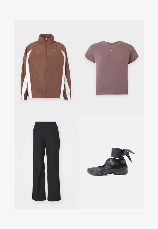 Bruine nylon jas met een hoge kraag, ritssluiting en witte zijpanelen. Heeft een klein logo op de borst en elastische manchetten.; Mauve ribbel kortemouwen crop top met ronde hals en klein wit Nike-logo gecentreerd onder de halslijn.; Zwarte, lichtgewicht broek met een elastische tailleband en verstelbare trekkoord. Heeft een gestructureerde afwerking en een klein reflecterend logo aan de zijkant.; Zwarte sportieve schoen met uitsparingen, klittenbandsluitingen en een enkellint dat in een strik is vastgemaakt, zijaanzicht op een witte achtergrond.