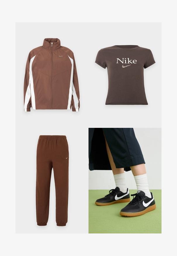Brun nylonjakke med høj krave, lynlås og hvide sidepaneler. Har et lille logo på brystet og elastiske manchetter.; Brun kortærmet crop top med "Nike" tekst og leopardprintet Nike swoosh logo centreret på brystet.; Brune Nike træningsbukser med elastisk talje og manchetter, med et lille hvidt Nike-swoosh på øverste venstre ben.; Sorte læder- og syntetiske sneakers med hvid Nike swoosh, gummisål, rund tå og sorte snørebånd. Ribbede hvide sokker synlige.