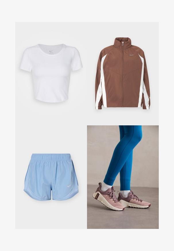Braune Nylonjacke mit hohem Kragen, Reißverschluss und weißen Seitenpaneelen. Verfügt über ein kleines Logo auf der Brust und elastische Bündchen.; Weißes, kurzärmeliges Cropped-Top aus glattem, synthetischem Material. Hat einen runden Halsausschnitt und ein Nike-Logo im Kragen.; Hellblaue Sportshorts mit elastischem Bund, geschwungenen Seitenteilen und weißem Nike Swoosh-Logo vorne am rechten Bein.; Sportliche Schuhe in Hellrosa und Beige mit strukturierten Seitenpaneelen, braunen Akzenten und flexiblen Sohlen. Getragen mit blauen Leggings und weißen Socken.