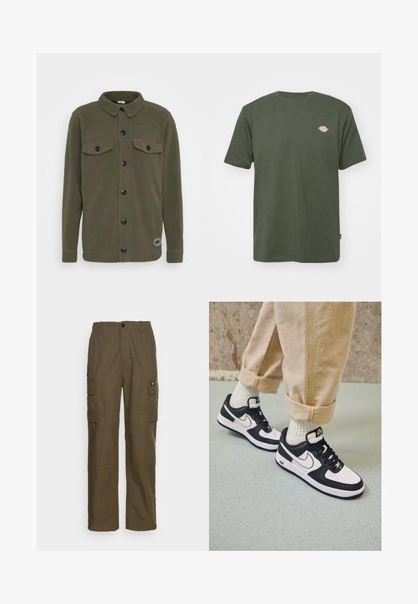 Nike Sportswear JACKET - Fleecejakke - cargo khaki; Olivengrøn bomulds T-shirt med rund hals, korte ærmer og et lille farvet logo på brystet. Glat tekstur, afslappet design.; Cargo bukser i olivengrøn, lavet af slidstærkt stof. Har to sidelommer, en standard talje og en lige ben design.; Sorte og hvide Nike Air Force 1 sneakers med læderoverdel, perforeret tå og tekstureret såldetalje, båret med rullede beige bukser og hvide sokker.