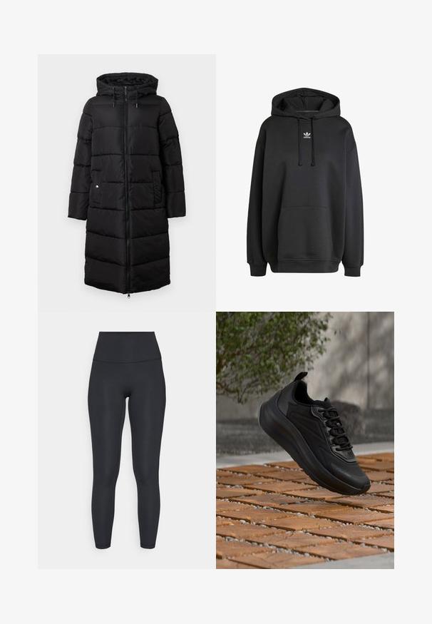 Manteau rembourré noir avec capuche, présentant une silhouette longue et droite, un texture matelassée, une fermeture éclair à l'avant et deux poches latérales.; Sweatshirt à capuche noire en tissu doux, avec une poche kangourou à l'avant et un logo Adidas blanc sur la poitrine. Manches longues avec des poignets côtelés.; adidas Performance ALL ME SCULPT - Leggings - black; Baskets athlétiques noires avec semelle épaisse et lacets, flottant au-dessus d'un sol en carreaux de bois, en arrière-plan flou extérieur avec feuillage vert et mur.