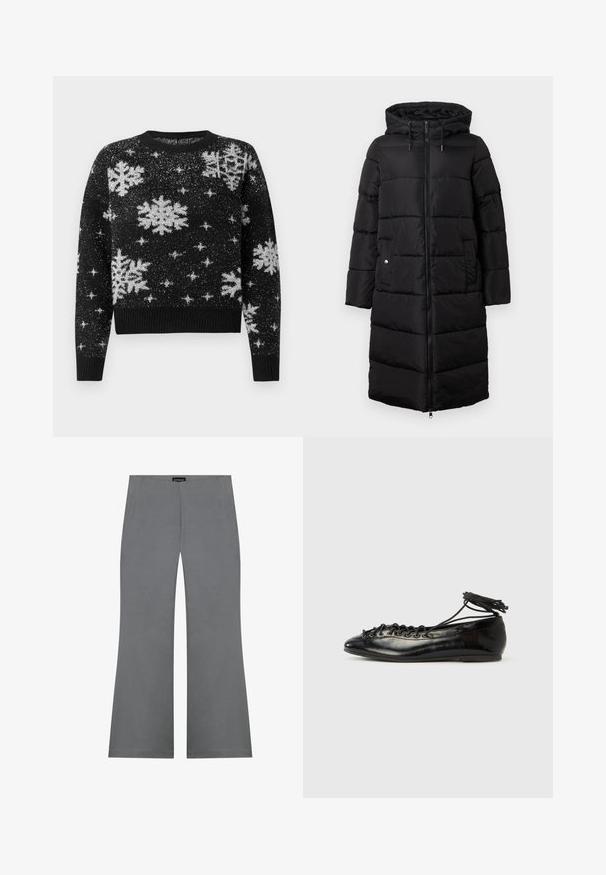 Manteau rembourré noir avec capuche, présentant une silhouette longue et droite, un texture matelassée, une fermeture éclair à l'avant et deux poches latérales.; Pull noir avec des motifs de flocons de neige et d'étoiles blancs, fabriqué en tissu texturé, col rond, et ourlet et poignets côtelés.; Pantalons gris évasés avec une texture lisse, dotés d'une taille haute et d'un design épuré. Aucune motif visible ni détails en métal.; Ballerines en cuir verni noir avec un bout rond, un design à lacets et une semelle plate. Texture lisse avec peu de détails.