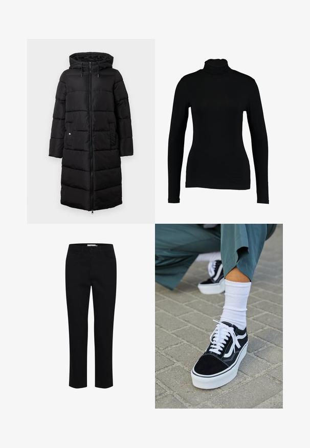 Sort pufferjakke med hætte, der har en lang, lige silhuet, quiltet tekstur, frontlynlås og to sidelommer.; Sort langærmet turtleneck top lavet af glat stof, med et tætsiddende design og høj hals, velegnet til lag-på-lag brug eller som en selvstændig beklædningsgenstand.; Sorte bomuldsbukser designet med lige pasform. Har fem lommer og en frontknaplukning. Glat tekstur, minimale syninger.; Sorte ruskinds sneakers med hvide accenter og snørebånd, der har en tyk hvid sål og kontrasterende syninger, parret med en hvid sok.