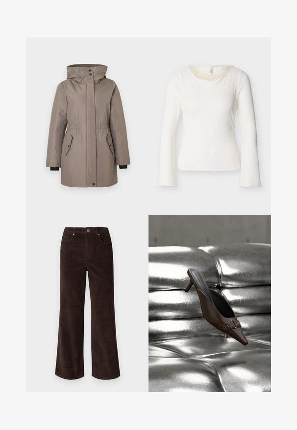 Parka marron clair avec une capuche, taille élastique, fermetures à boutons, deux poches latérales et accents noir aux poignets. Tissu lisse et texturé.; Haut blanc à manches longues ajusté avec une texture florale subtile et un col rond légèrement volanté, présenté sur un fond clair uni.; Vero Moda Petite VMTESSA PANTS - Pantalon classique - chocolate torte; Mule à talon brun à bout pointu avec détail boucle flottant au-dessus d'une surface en cuir argenté capitonnée brillante.