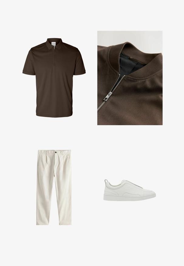 Braune Zip-Jacke mit ribbeltem Kragen, die eine glatte Textur und einen silbernen Reißverschluss aufweist. Das Innenfutter hat eine Netzstruktur.; Dunkelbraunes Poloshirt mit kurzen Ärmeln, einem Kragen und halbem Reißverschluss vorne, dargestellt auf weißem Hintergrund.; Beige Hose mit geradem Bein, Gürtelschlaufen, Seitentaschen, einem einzelnen Knopfverschluss und einem Reißverschluss vorne.; Weißer Sneaker in Low-Top-Design mit Schlupfform, gepolstertem Kragen und Zuglasche an der Ferse, ausgestattet mit einer dicken Gummisohle und glattem Lederobermaterial.