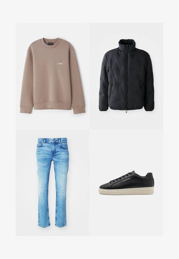 Sort polstret jakke med høj krave, fuld frontlynlås og to sidelommer. Har en glat tekstur og diskret mærkning.; Brun sweatshirt lavet af blødt materiale. Har rund hals og ribbede manchetter. Dekorativ "EVA" logo på brystet med et emblem ovenover.; Blå denimjeans med en størkningsvask, lige ben-design og rå kant. Har fem lomme-styling og metalknapdetaljer.; Sorte lædersneakers med en glat finish, kontrasterende cremefarvet sål, rund tå, guld logo på siden og seks huller til snørebånd.