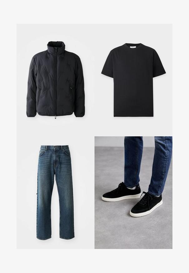 Sort polstret jakke med høj krave, fuld frontlynlås og to sidelommer. Har en glat tekstur og diskret mærkning.; Simpel sort t-shirt med korte ærmer og rund halsudskæring med en lille hvid label inde i kraven på en lys grå baggrund.; NN.07 OTIS - Jeans Straight Leg - stonewashed; Sorte ruskind sneakers med en hvid gummisål, der har et klassisk low-top design, rundt tå og flade sorte snørebånd.