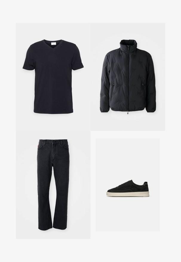 Sort polstret jakke med høj krave, fuld frontlynlås og to sidelommer. Har en glat tekstur og diskret mærkning.; Sort v-hals t-shirt lavet af bomuld, med korte ærmer og en afslappet pasform. Enkel design, uden mønstre eller yderligere accenter.; Sorte denim jeans med lige ben-design, høj talje, knaplukning og subtile syninger langs lommerne og sømmene.; Sort ruskind lav-sneaker med sorte snørebånd og hvid gummisål, sidevisning på ensartet lys grå baggrund.