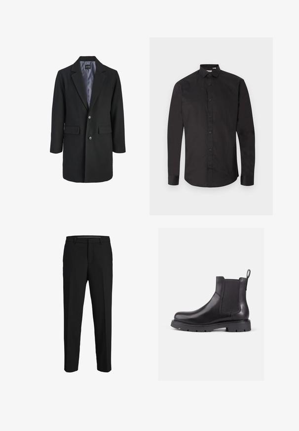 Manteau en mélange de laine noir avec un col cranté, fermeture à boutons simple, deux poches avant et doublure en satin.; Chemise noire à manches longues en coton lisse, avec une fermeture à boutons sur le devant, un col classique et un ourlet arrondi. Design simple, sans motifs.; Pantalons noirs en tissu lisse, présentant une coupe droite, des passants de ceinture et un devant plat sans motifs ni embellissements visibles.; Bottines Chelsea en cuir noir avec panneaux latéraux élastiques, bout rond et semelle en caoutchouc texturé. Comprend une languette à l'arrière pour un enfilage facile.