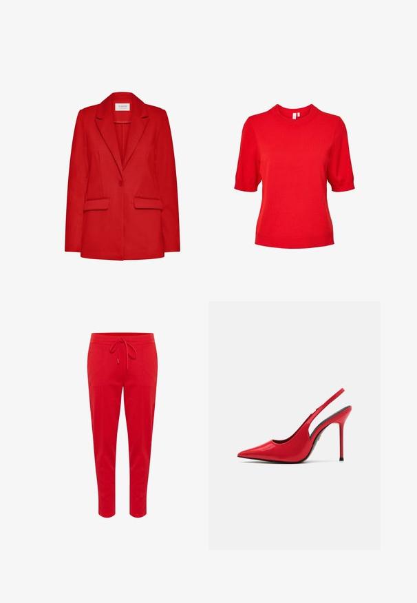 Blazer rojo de un solo botón con solapas con muesca y dos bolsillos frontales con solapa, mostrado sobre un fondo blanco.; Camiseta de punto roja de manga corta con cuello redondo y dobladillo ajustado. Textura suave, tela ligera y diseño sencillo sin patrones.; Pantalones jogger rojos fabricados en tejido suave, con una cintura ajustable y un diseño de pierna cónica. Textura lisa sin patrones ni acentos.; ALDO PUCKERUP - Zapatos altos - red