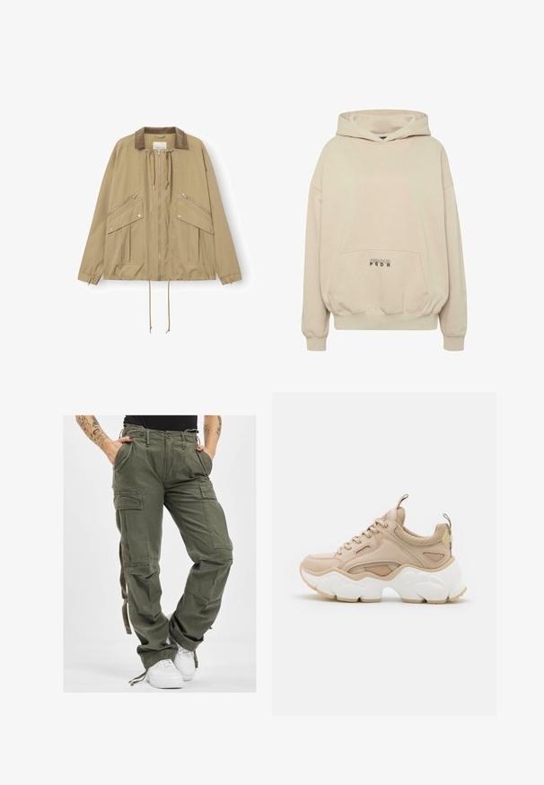 Veste beige zippée avec col en velours côtelé, cordons de serrage au cou et à l'ourlet, poignets élastiques, et plusieurs poches zippées et à boutons-pression à l'avant.; Sweat à capuche beige avec une poche avant, des poignets côtelés et une capuche à cordon. Texte "PECADOR PGDR" imprimé sur la zone de la poche.; Pantalons cargo vert olive avec de multiples poches, taille ajustable par cordon, et coupe décontractée. Le tissu a une texture douce et une apparence robuste et durable.; Baskets beiges présentant un mélange de matériaux lisses et texturés, une semelle blanche épaisse et des accents en mesh pour la respirabilité.