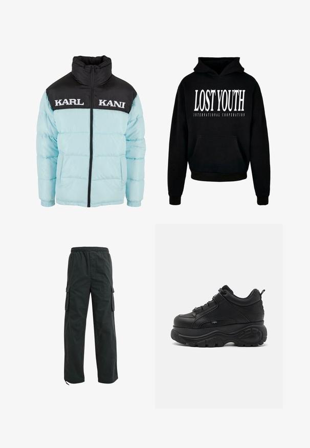 Chaqueta de abrigo azul claro con cuello negro con cremallera, paneles en contraste y texto bordado "KARL KANI" en la parte superior delantera.; Sudadera negra con bolsillo frontal, capucha con cordones y un texto en blanco llamativo: "COOPERACIÓN INTERNACIONAL JUVENTUD PERDIDA" impreso en el frente.; Pantalones cargo negros con cintura elástica, bolsillos laterales y un ajuste holgado. Hechos de un tejido resistente, con un acabado mate.; Zapatillas chunky de cuero negro con una suela de goma gruesa, diseño elegante y detalles texturizados. Cuentan con cordones y una pestaña en el talón.