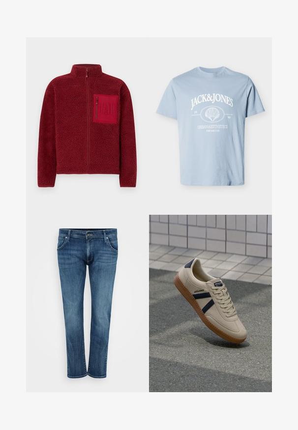Rote Fleecejacke mit durchgehendem Reißverschluss, hohem Kragen und einer Brusttasche mit Reißverschluss, die das geprägte GAP-Logo zeigt.; Hellblaues kurzärmeliges T-Shirt mit weißem "JACK & JONES"-Text, einer Muschel-Grafik und dem Aufdruck "Urban Aesthetics for daily use" auf der Vorderseite.; Blaue Denim-Jeans mit geradem Bein, ausgestattet mit vorderen Taschen, einem Reißverschluss und dezentem Verblassen. Klassischer Stil mit mittlerem Wasch-Effekt.; Beige Sneaker mit strukturierter Oberfläche, dunkelblauen Streifen und Gummisohle. Verfügt über eine gepolsterte Zunge und ein traditionelles Schnürsystem für einen sicheren Sitz.