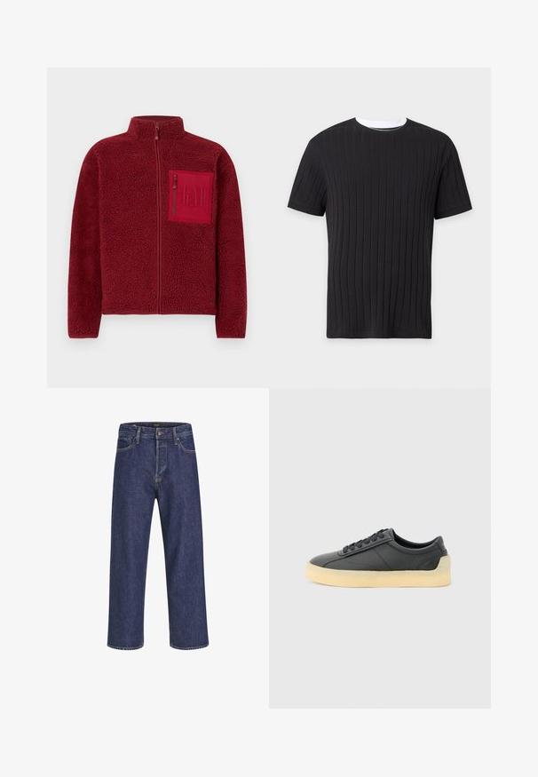 Rote Fleecejacke mit durchgehendem Reißverschluss, hohem Kragen und einer Brusttasche mit Reißverschluss, die das geprägte GAP-Logo zeigt.; Schwarzes kurzärmeliges, geripptes Strick-T-Shirt mit weißem Rundhalsausschnitt, auf einfarbigem Hintergrund dargestellt.; Dunkelblaue Denim-Jeans mit geradem Schnitt, Fünf-Taschen-Design, Metallknopfverschluss und kontrastierenden Nähten, die eine dezente Textur aufweisen.; Schwarzer Low-Top-Ledersneaker mit abgerundeter Spitze, schwarzen Schnürsenkeln und dicker, cremeweißer Gummisohle, seitlich auf hellem grauen Hintergrund dargestellt.