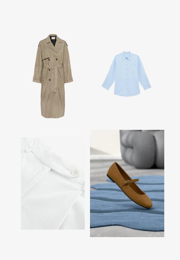 Trench-coat beige croisé à ceinture, avec larges revers, sangles boutonnées aux poignets et épaulettes.; Chemise à manches longues bleu clair avec col pointu et poche poitrine, présentée à plat sur un fond blanc.; Tissu en coton blanc avec un devant plat, présentant un bouton et un petit plissé au niveau de la taille. Texture lisse, design classique.; Chaussure plate Mary Jane marron avec bride à boucle flottant au-dessus d'un tapis bleu texturé, mobilier tapissé gris en arrière-plan.