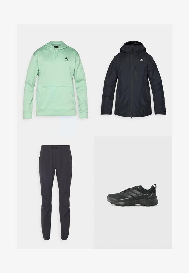 Veste imperméable noire avec une fermeture éclair, capuche ajustable et poignets élastiques. Dotée d'un logo sur la poitrine et de plusieurs poches.; Burton MENS OAK - Sweat à capuche - soft sage heather; Pantalons de plein air noirs, légers, avec une taille élastique, fermeture à cordon de serrage et deux poches latérales zippées. Fabriqués en tissu respirant.; Chaussure de sport noire avec un dessus en tissu texturé, trois rayures argentées, un orteil renforcé et une semelle en caoutchouc robuste pour une meilleure adhérence.