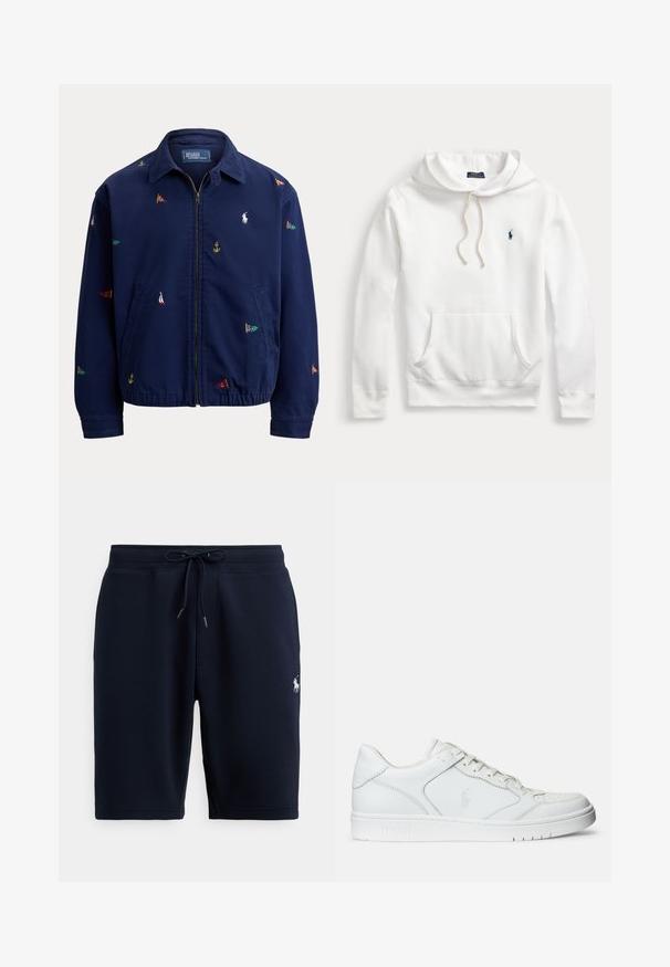 Veste zippée bleu marine avec col, ourlet élastique, poches latérales et petits détails brodés de pavillons nautiques multicolores et d’ancre.; Sweat à capuche blanc Polo Ralph Lauren avec poche avant, capuche à cordon et logo brodé bleu marine sur la poitrine gauche.; Shorts de sport en coton bleu marine avec taille élastique, cordon de serrage et logo sur le côté gauche. Texture lisse, longueur au genou.; Baskets en cuir blanc avec une texture lisse, présentant un bout perforé, un système de laçage et un logo brodé sur le côté. Semelle en caoutchouc blanc.