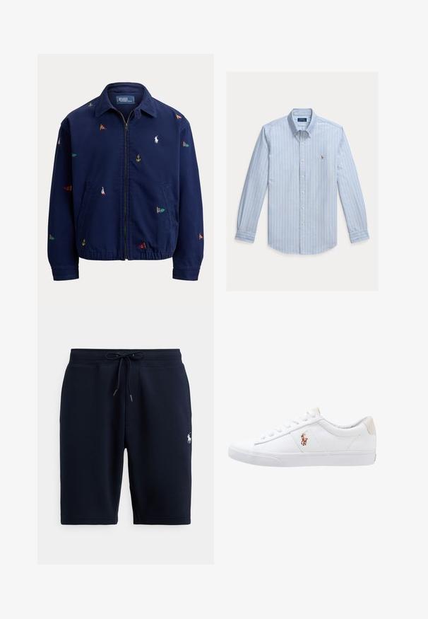 Navyblauwe jas met ritssluiting, kraag, elastische zoom, zijzakken en kleine meerkleurige nautische vlag- en ankerborduursels.; Lichtblauw overhemd met lange mouwen, witte verticale strepen en een klein geborduurd Polo Ralph Lauren-logo op de borst.; Marineblauwe katoenen sportshorts met een elastische tailleband, trekkoord en logo-accent aan de linkerkant. Gladde textuur, tot aan de knieën.; Witte canvas sneakers met een laag ontwerp, featuring een beige hieltab en een klein geborduurd logo aan de zijkant. Rubber zool.