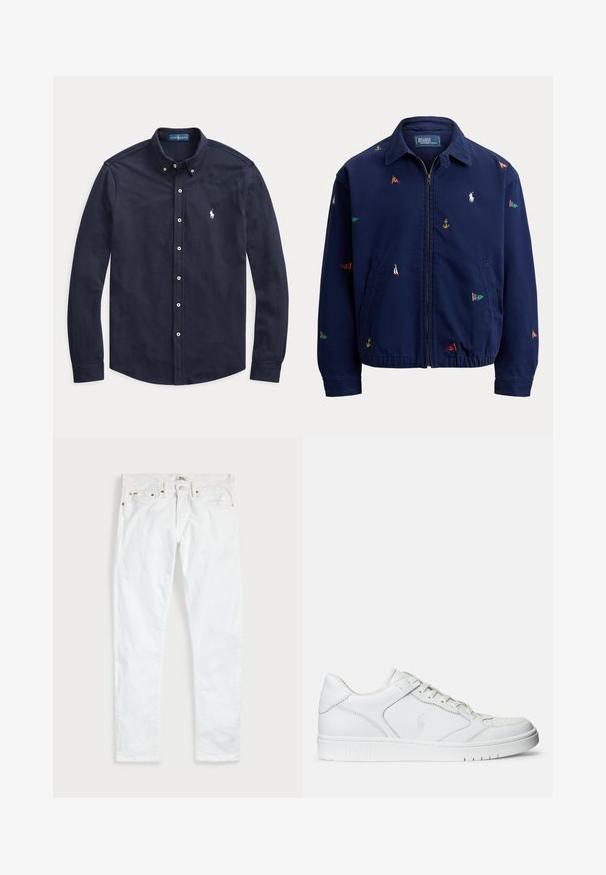 Marineblaue Reißverschlussjacke mit Kragen, elastischem Saum, Seitentaschen und kleinen mehrfarbigen nautischen Flaggen- und Ankerstickereien.; Marineblaues langärmliges Hemd mit weißen Knöpfen und kleinem weiß gesticktem Logo auf der linken Brust.; Weiße Slim-Fit-Jeans mit fünf Taschen, Knopfverschluss und Gürtelschlaufen, flach auf einem schlichten hellen Hintergrund ausgelegt.; Weißer Ledersneaker mit glatter Textur, ausgestattet mit einer perforierten Zehenpartie, Schnürverschluss und gesticktem Logo an der Seite. Weiße Gummisohle.
