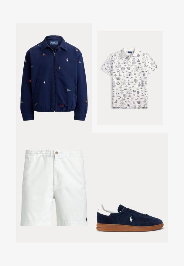 Chaqueta azul marino con cremallera, cuello, dobladillo elástico, bolsillos laterales y pequeños bordados multicolores de banderas náuticas y ancla.; Polo blanco con estampados náuticos en azul marino que incluyen veleros, anclas, brújulas y faros.; Pantalones cortos blancos para hombre con cinturilla elástica, cierre de botón, bolsillos laterales y pequeño logo oscuro cerca del dobladillo inferior en una pierna.; Zapatilla de ante azul marino con lengüeta blanca en el talón, logo bordado en el lateral, suela de goma marrón y cordones negros.