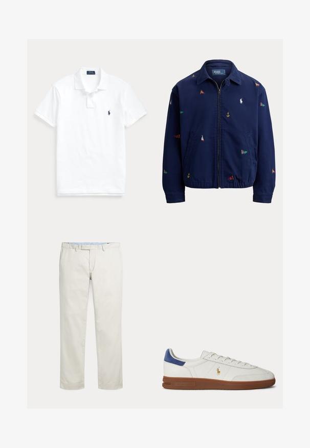 Mørkeblå jakke med lynlås, krave, elastisk kant, sidelommer og små flerfarvede maritime flag og ankerbroderi.; Hvid polo t-shirt med korte ærmer, krave, to-knaps lukning og lille mørkeblå logo på venstre bryst.; Kremfarvede bukser med lige ben, bæltestropper og skjult inderstik foran på en ensfarvet baggrund.; Hvid lavtop sneaker med brun sål, blå hælkappe, snørebånd og gyldent Polo Ralph Lauren logo på siden.