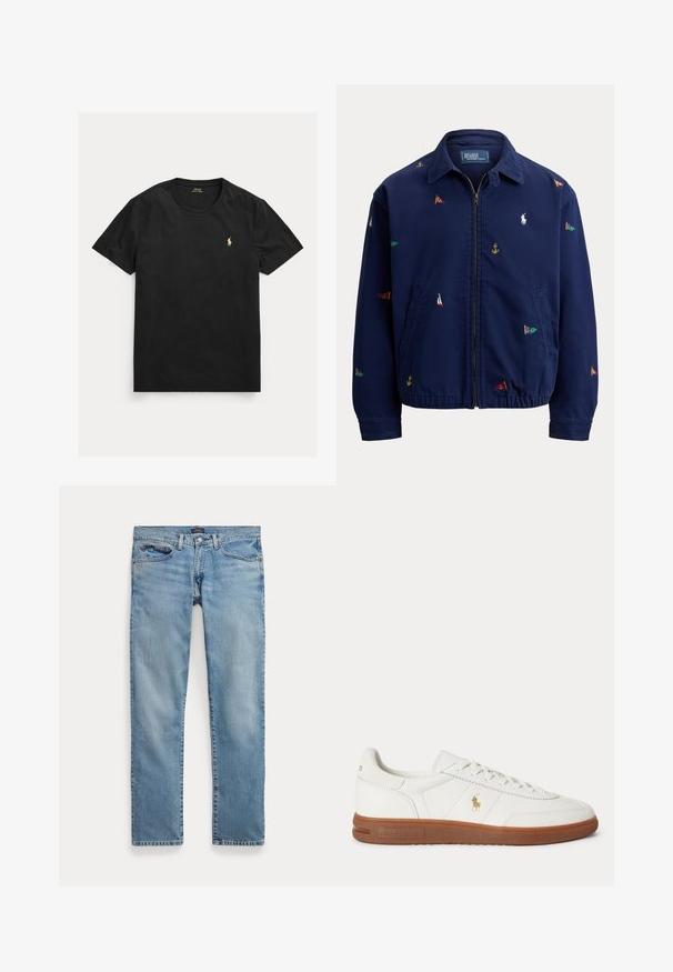 Navyblauwe jas met ritssluiting, kraag, elastische zoom, zijzakken en kleine meerkleurige nautische vlag- en ankerborduursels.; Zwart T-shirt met korte mouwen en ronde hals met klein geel Polo Ralph Lauren-logo op de linkerborst.; Lichtblauwe recht gesneden spijkerbroek met voorzakken en knoopsluiting, plat gelegd op een witte achtergrond.; Witte lage sneaker met bruine zool, veters aan de voorkant en klein gouden Polo Ralph Lauren-logo aan de zijkant.