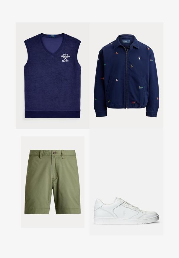 Veste zippée bleu marine avec col, ourlet élastique, poches latérales et petits détails brodés de pavillons nautiques multicolores et d’ancre.; Polo sans manches bleu marine en tissu éponge ; présente un col en V, un col côtelé, et un logo blanc avec des raquettes de tennis.; Shorts vert olive en tissu mélange de coton, avec fermeture à bouton, passants pour ceinture, coupe droite et ourlets cousus.; Baskets en cuir blanc avec une texture lisse, présentant un bout perforé, un système de laçage et un logo brodé sur le côté. Semelle en caoutchouc blanc.
