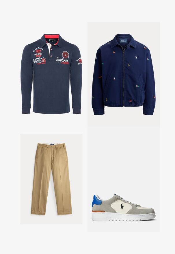 Chaqueta azul marino con cremallera, cuello, dobladillo elástico, bolsillos laterales y pequeños bordados multicolores de banderas náuticas y ancla.; Polo de manga larga color navy fabricado en algodón, con cuello, acentos rojos y texto y gráficos bordados en el pecho y las mangas.; Pantalones chinos beige fabricados con algodón. Diseño de pierna recta con parte frontal plana, dos bolsillos laterales y cinturilla con cierre de botón.; Zapatillas de ante gris y cuero blanco con acentos azules, que presentan un logo, cordones blancos y una suela de goma texturizada.