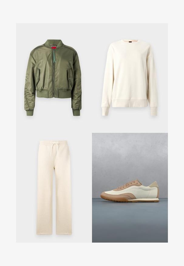 Olive roheline bomber-jakk luku ees, soonikest varrukate ja hemiga ning nurga all asuvad küljetaskud klambriga. Sile ja läikiv tekstuur.; Kreemivärvi sweatshirt, millel on ümar kaelus, soonikkoes mansetid ja ääred, valmistatud pehmest materjalist ning millel on rindkeres diskreetne logo.; Kreemikaalused dressipüksid pehmetest materjalidest, elastse vöökoha ja reguleeritava nööriga, laiad jalad ja ilma nähtavate mustriteta.; Kreemikas ja helepruun vabaajajalats tekstuurse pealiskihi, paelte ja kummist tallaga, esitatud puidust pinna ja kivikestega taustal.