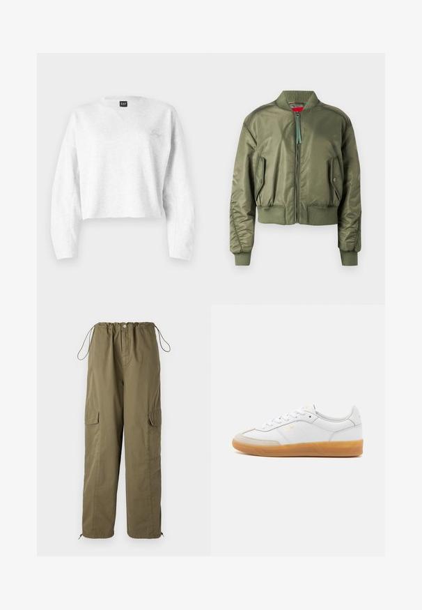 Olive vihreä bomber-takki, jossa on vetoketjukiinnitys, ribatut hihansuut ja helma sekä viistot sivutaskut napilla. Sileä, kiiltävä rakenne.; Lyhennetty harmaa huppari, joka on valmistettu pehmeästä kankaasta; siinä on V-pääntie, pitkät hihat ja pieni kirjailtu logo vasemmassa rinnassa.; Harmaat oliivinvihreät cargo-housut, joissa on joustava vyötärö, naru ja taskut molemmin puolin; valmistettu kevyestä, teksturoidusta kankaasta.; Valkoiset nahkakengät, joissa on vaaleanruskeat mokkajäljitelmäkorostukset, kumipohja ja nauhakiristys. Koristeena on hillitty kultainen brändäys.